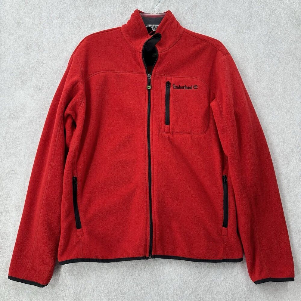 Timberland Fleece Jacket Mens MEDIUM Red Long‎ Sleeve Full Zip Sweater